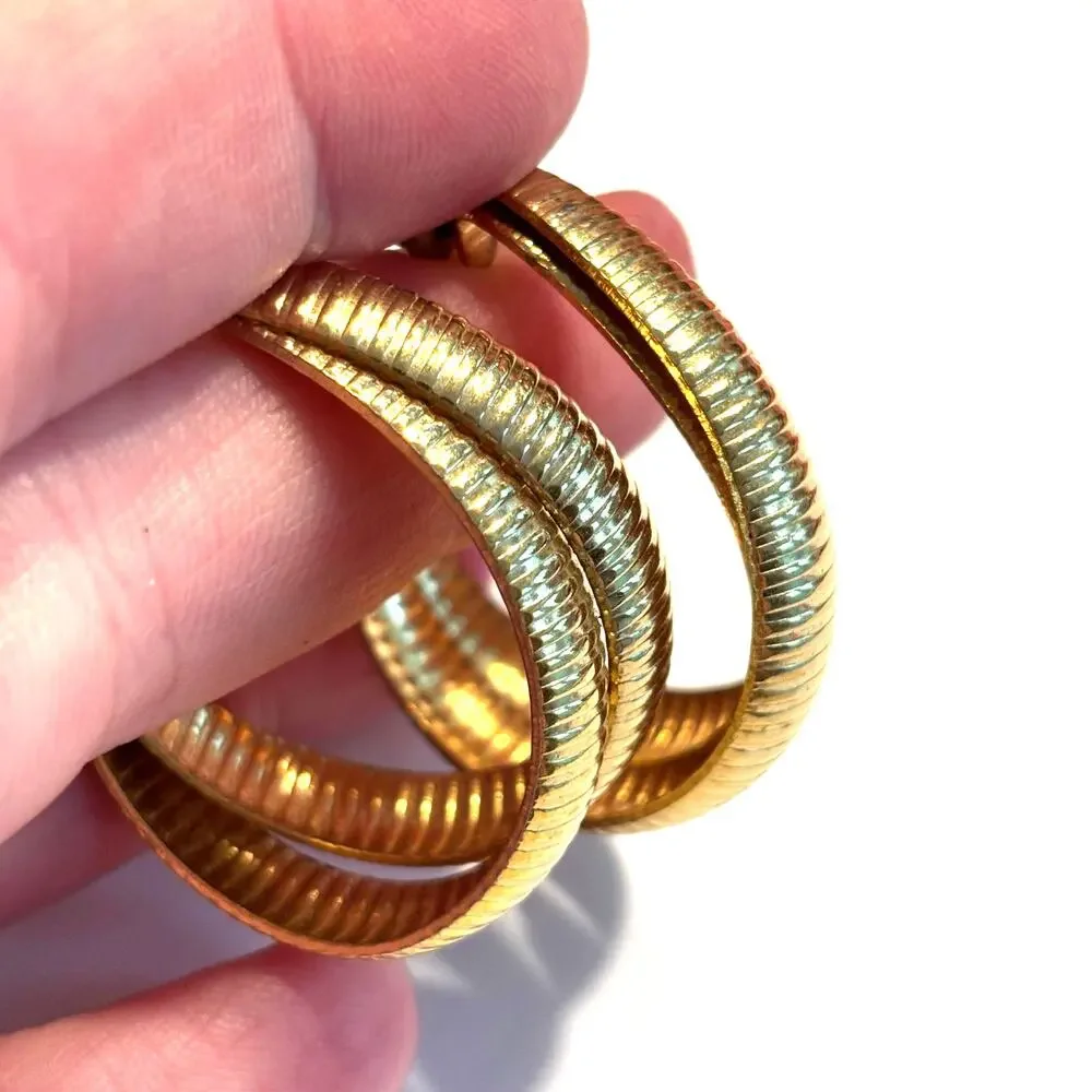 Pierced earrings textured goldtone double hoops mod fashion statement jewelry